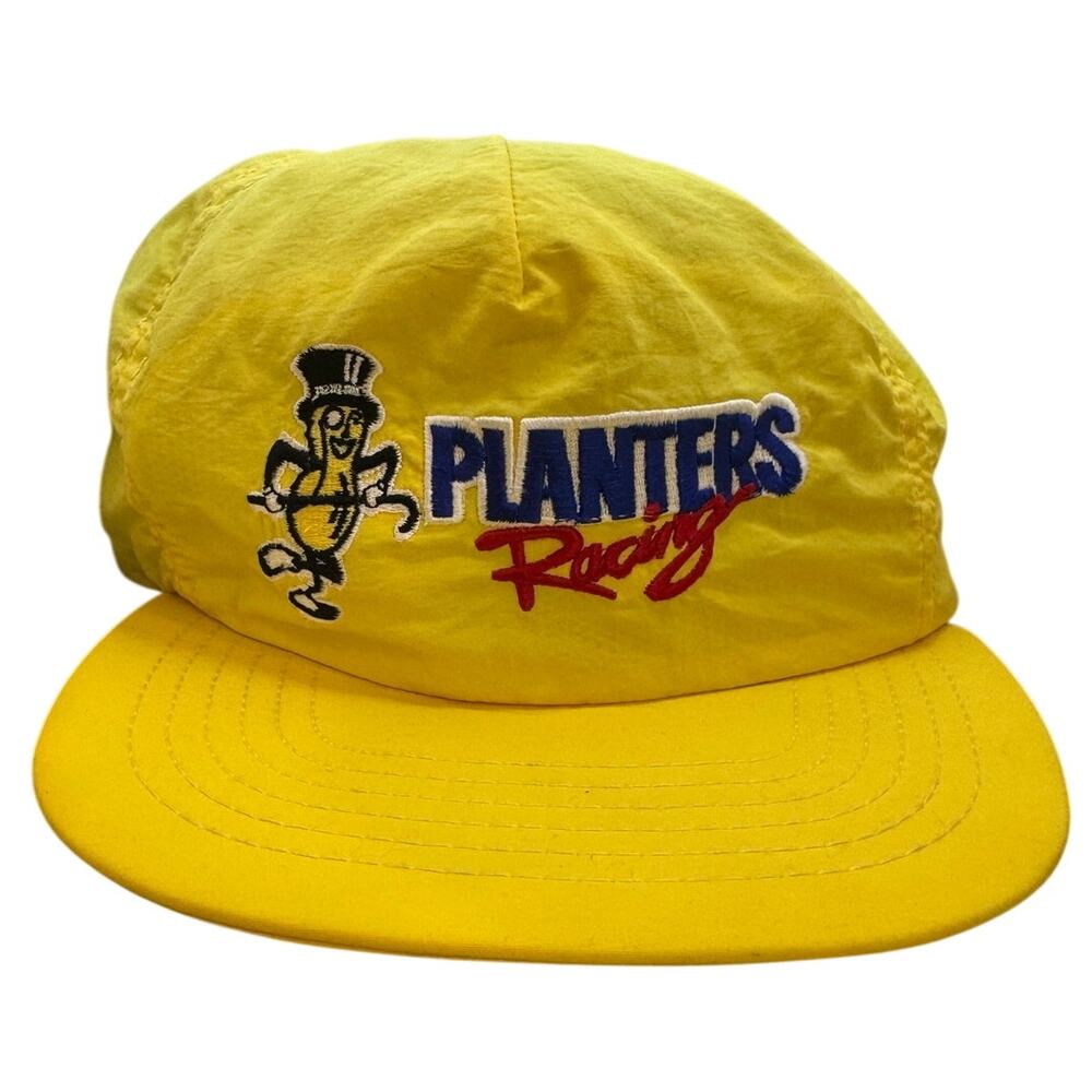 Vintage 90s Planters Racing Mr Peanut Yellow Snapback Hat USA Made Broken Strap